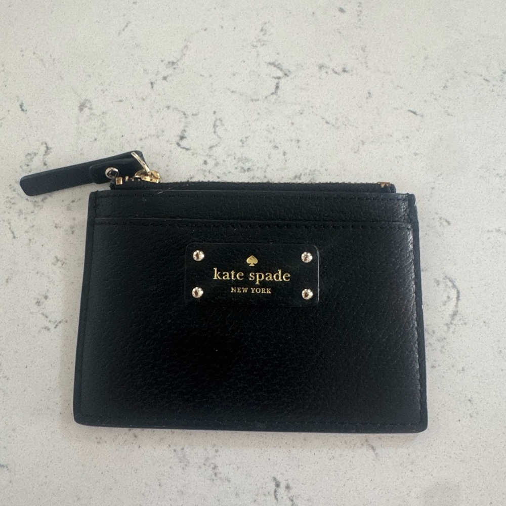 kate spade Black Leather Zip Card Holder with Gold Plaque